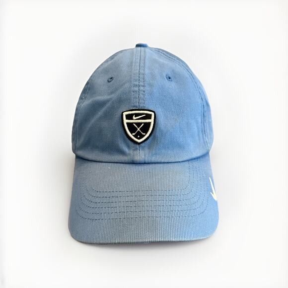 Vintage Y2K Nike Mens Blue Shield Swoosh Corduroy Adjustable Strapback Hat Cap - Picture 1 of 10